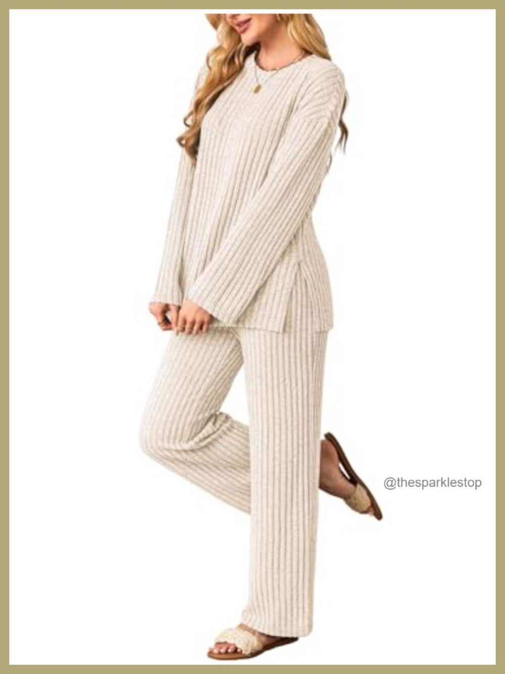 Women's 2 Piece Lounge Set Knit Pajamas Long Sleeve Top Wide Leg Pants Cozy